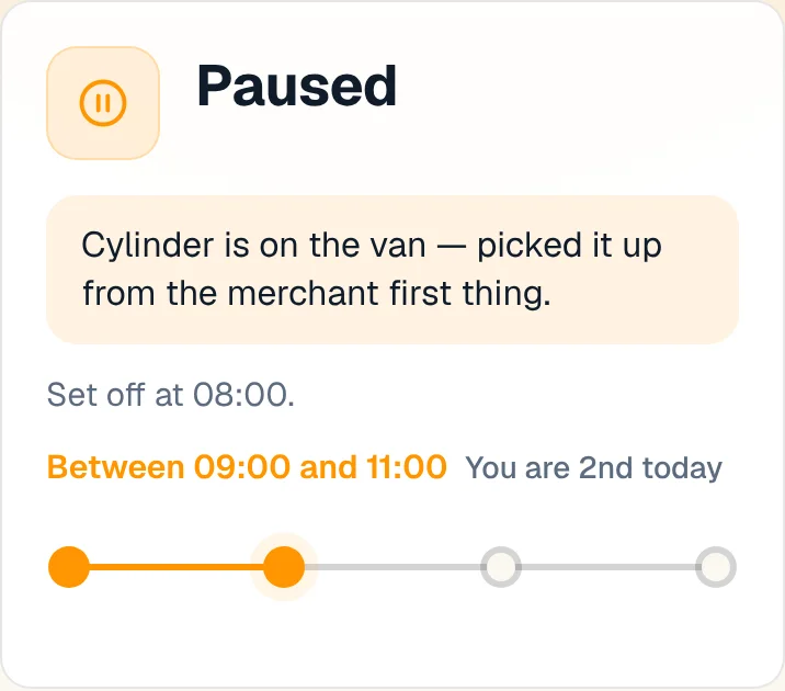 Paused, and why: Waiting on a part? Say it once.