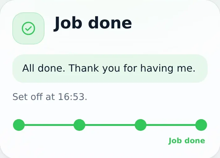 The customer's page showing Job done