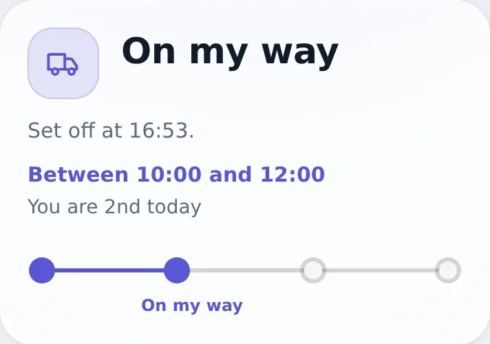 The customer's page showing On my way