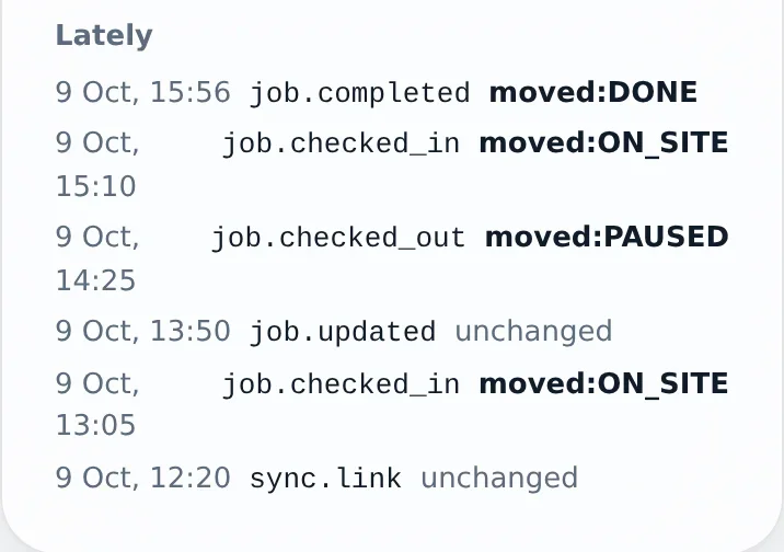 The Lately log on the ServiceM8 panel: every event received and what it did