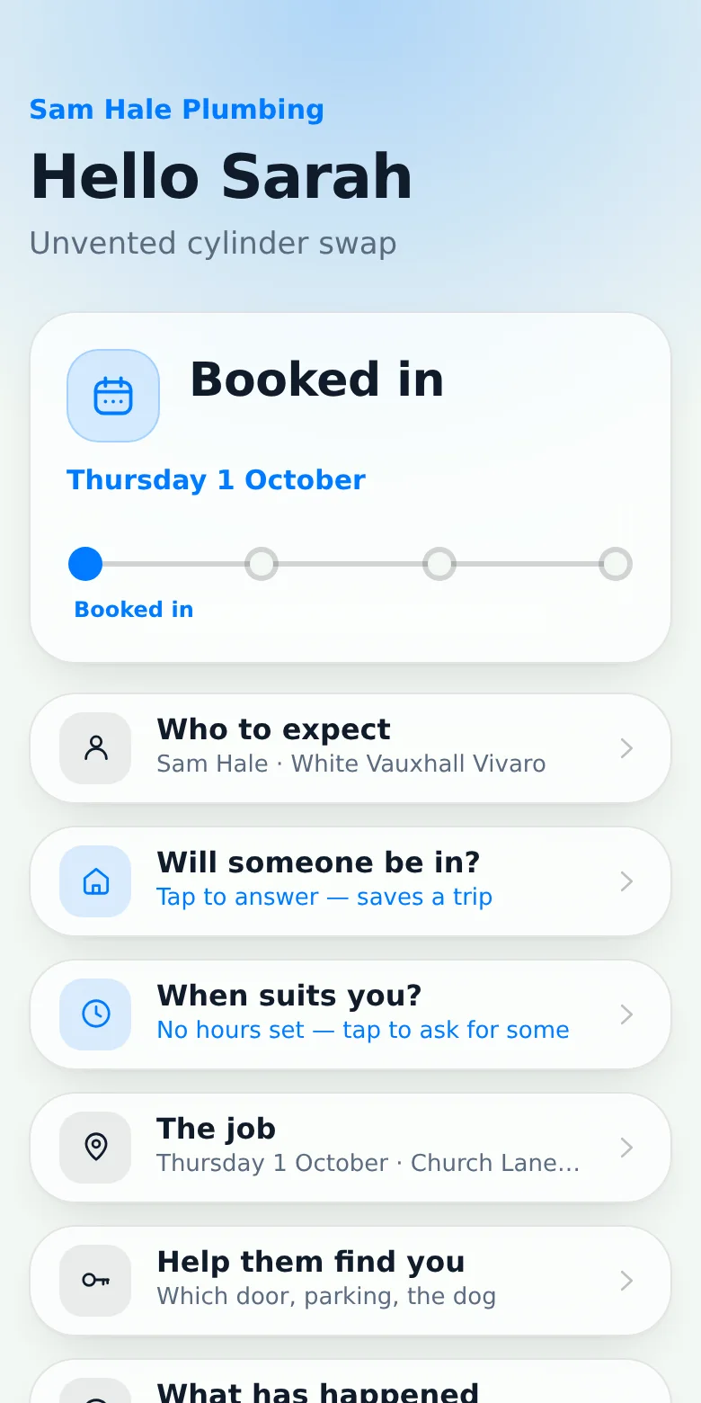 The customer page the night before: Booked in