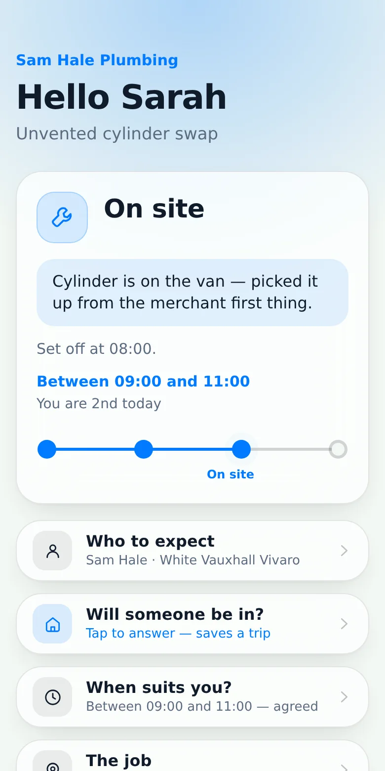 The customer page on arrival: On site