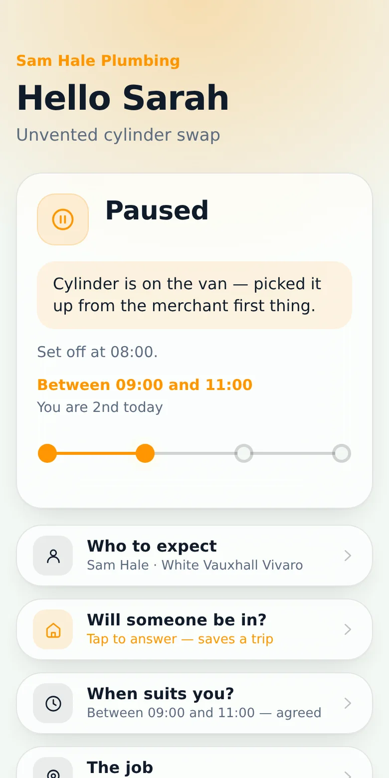 The customer page when the job is paused, with the reason shown