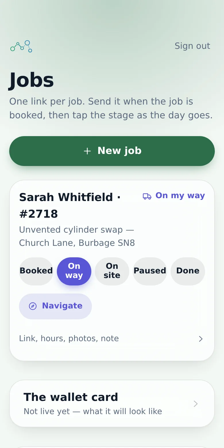 Your job card: Sarah Whitfield, On my way, with the five stage buttons and Navigate